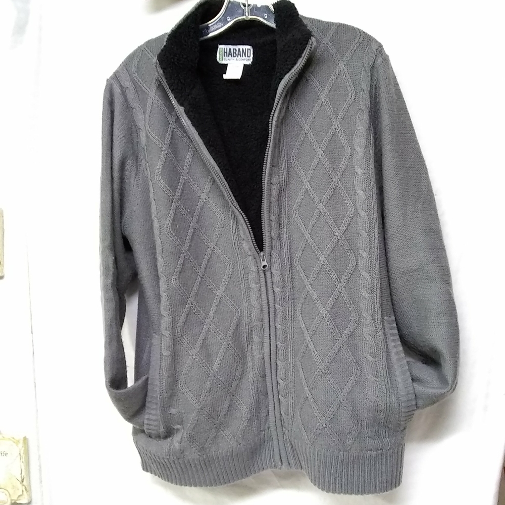 Haband Men's Sweater Jacket Full Zip Sherpa Lined Long Sleeve Sz S/42